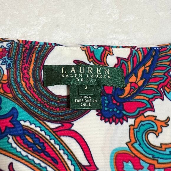Lauren Ralph Lauren V-Neck Cap Sleeve Paisley Print Ruched Sheath Dress Size 2 - Picture 4 of 11